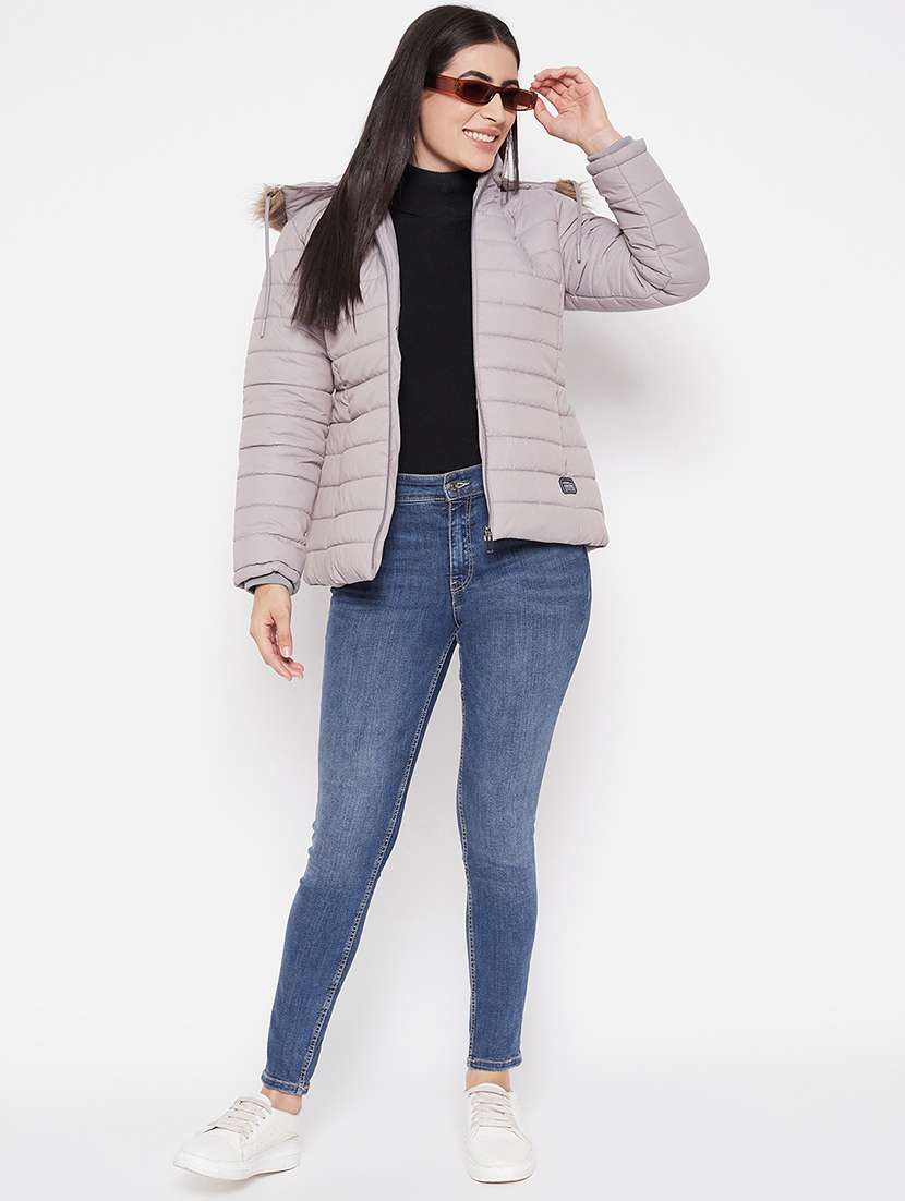 women solid grey fur hooded parka jacket - 20542126 -  Standard Image - 3