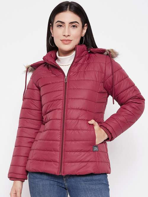 women solid fur hooded parka jacket - 20542127 -  Standard Image - 0