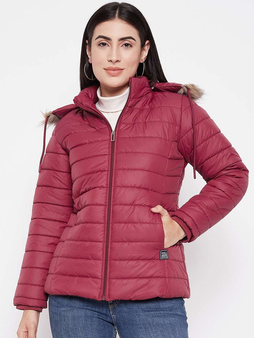 women solid fur hooded parka jacket