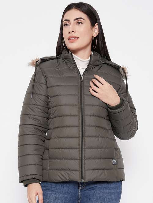 women solid fur hooded parka jacket - 20542128 -  Standard Image - 0