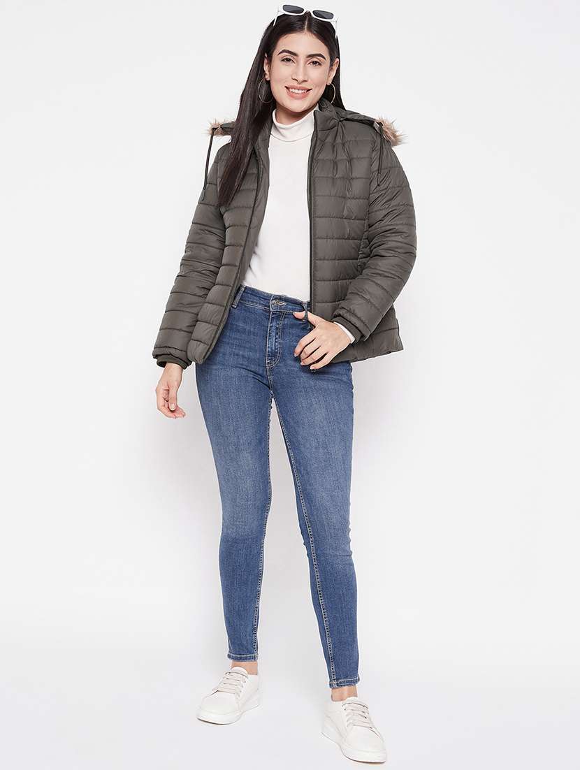 women solid fur hooded parka jacket - 20542128 -  Standard Image - 3