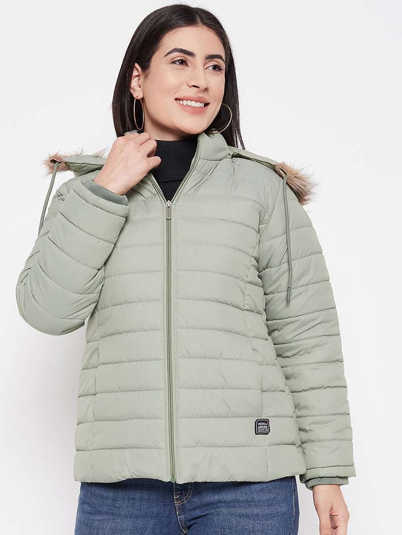 women solid fur hooded parka jacket
