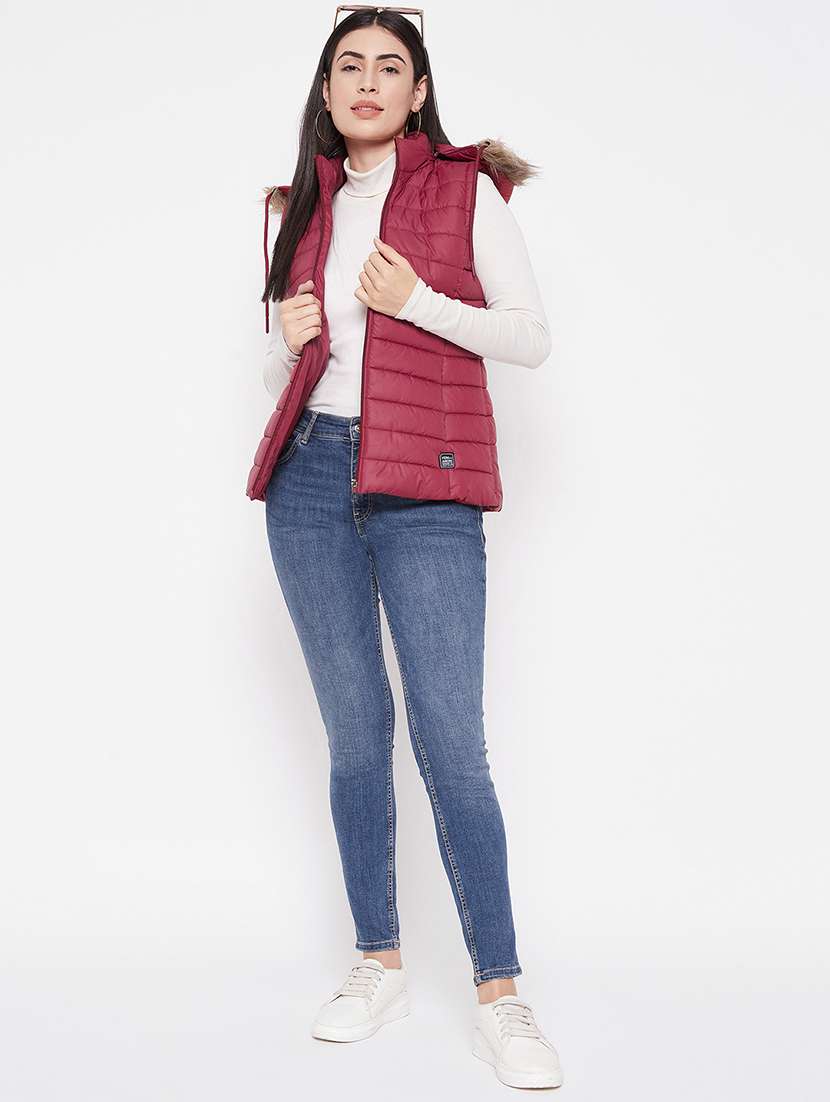 women solid fur hooded sleeveless parka jacket - 20542131 -  Standard Image - 3