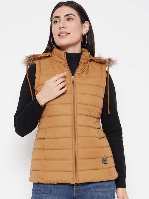 women solid fur hooded sleeveless parka jacket - 20542132 -  Standard Image - 0