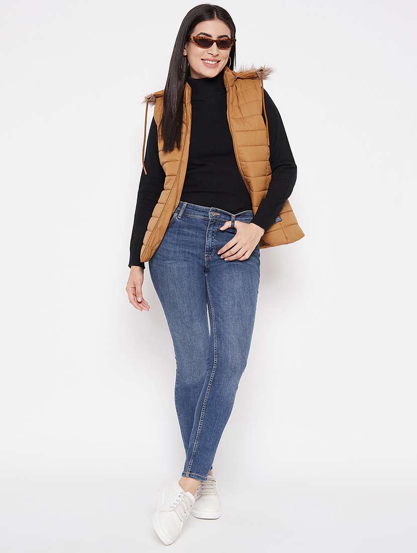 women solid fur hooded sleeveless parka jacket - 20542132 -  Standard Image - 3