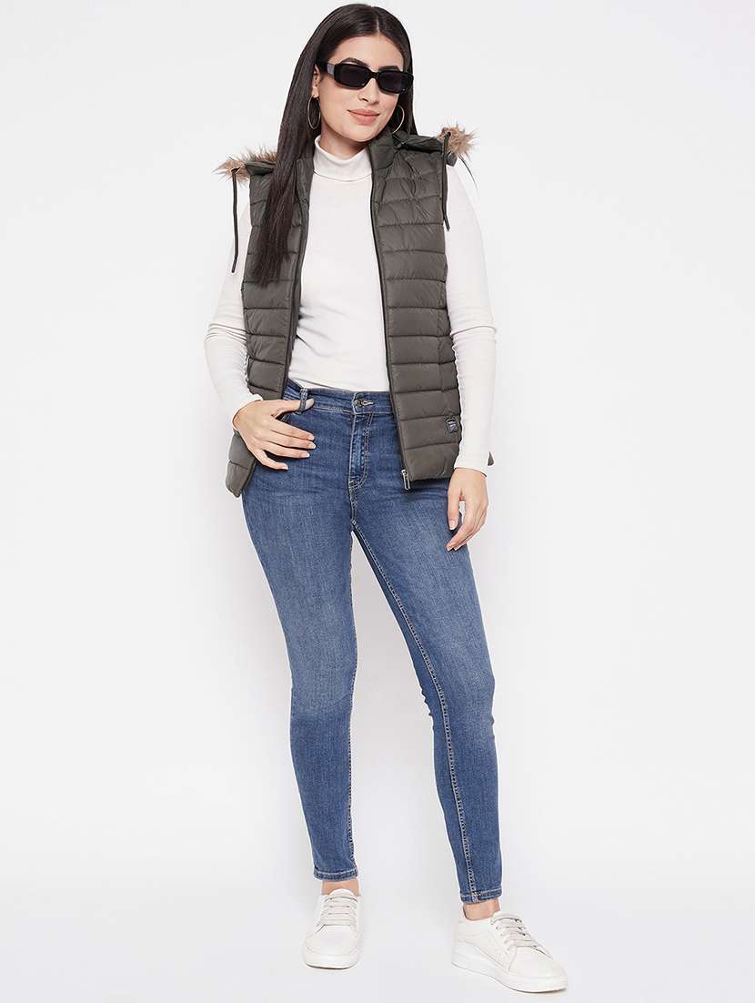 women solid fur hooded sleeveless parka jacket - 20542133 -  Standard Image - 3