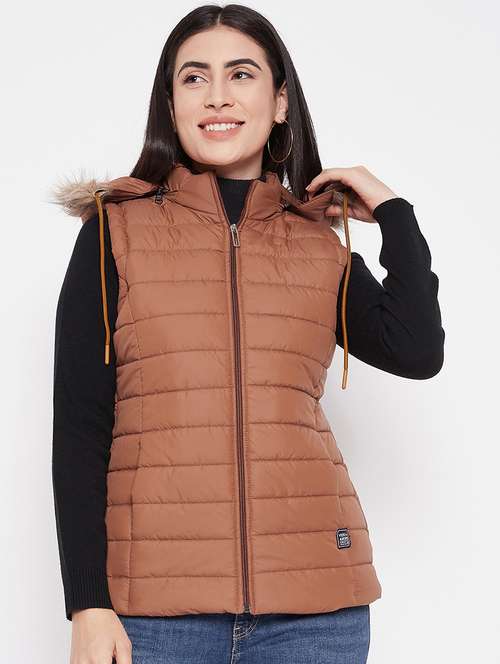 women solid fur hooded sleeveless parka jacket - 20542134 -  Standard Image - 0