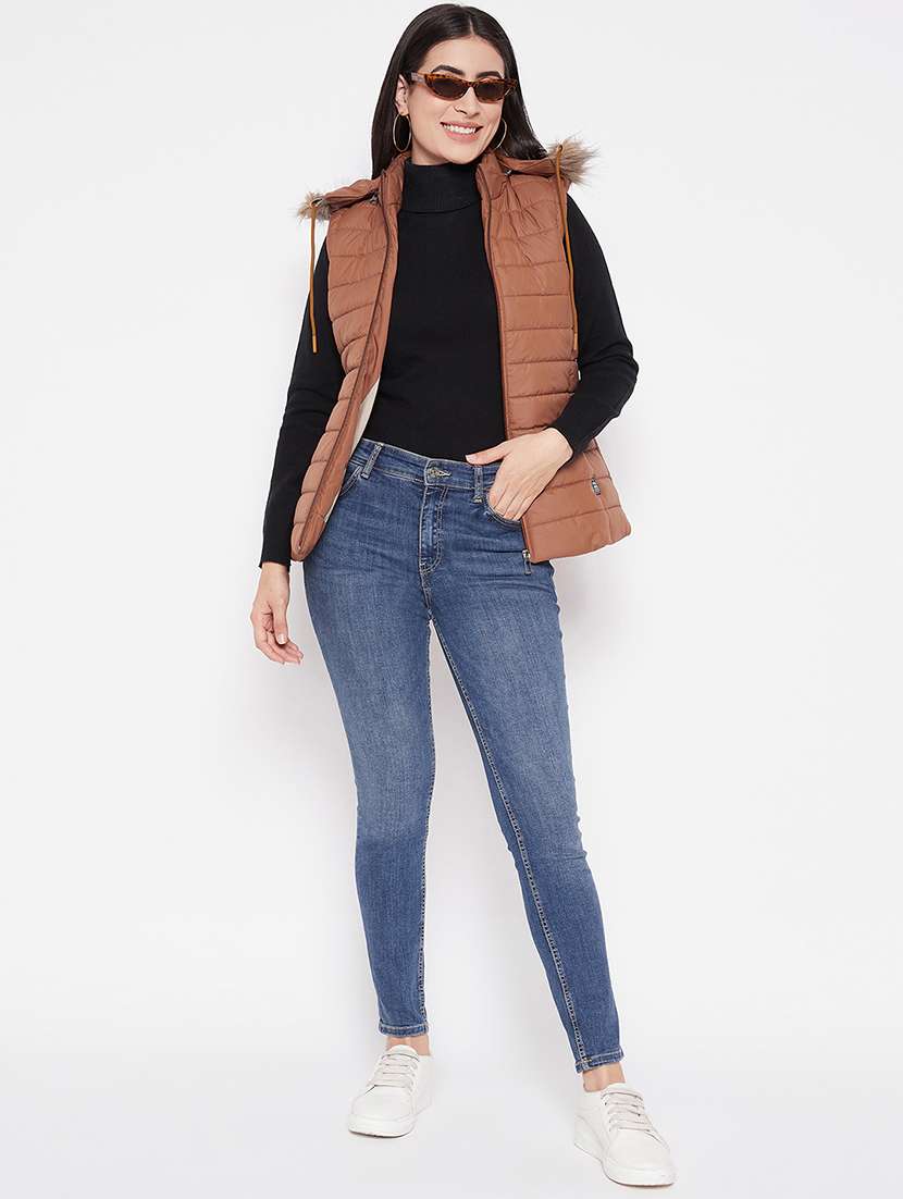 women solid fur hooded sleeveless parka jacket - 20542134 -  Standard Image - 3