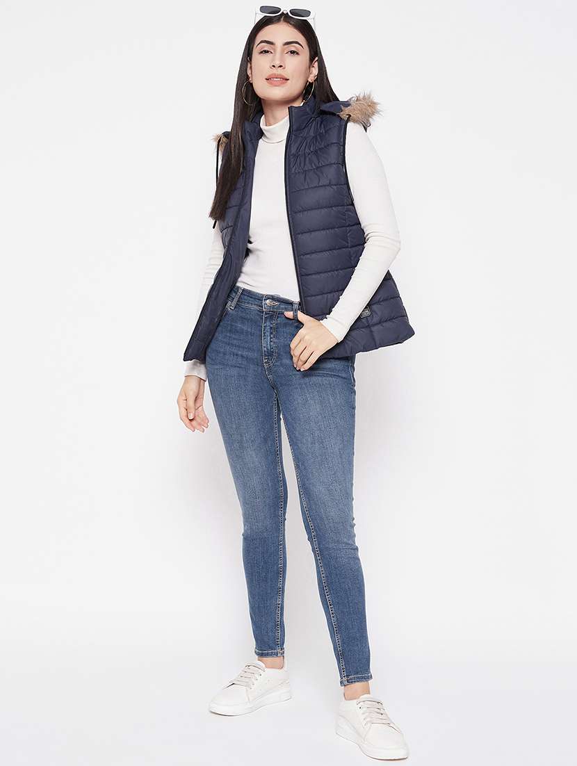 women solid fur hooded sleeveless parka jacket - 20542135 -  Standard Image - 3