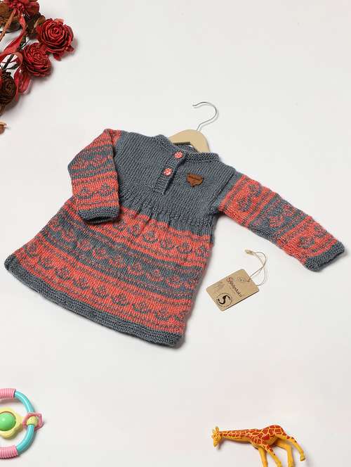 girls self design orange & grey woollen frock - 20542136 -  Standard Image - 0