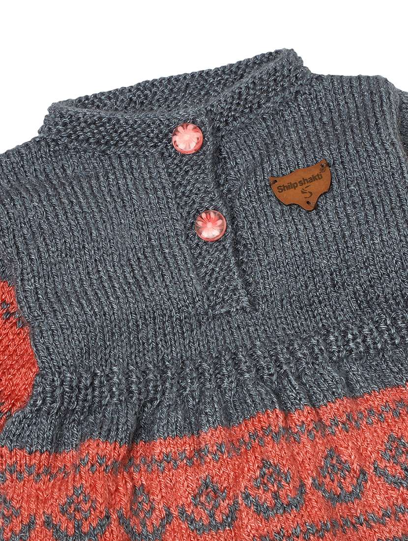 girls self design orange & grey woollen frock - 20542136 -  Standard Image - 3