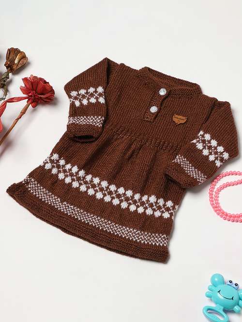 girls brown self design woollen frock - 20542137 -  Standard Image - 0