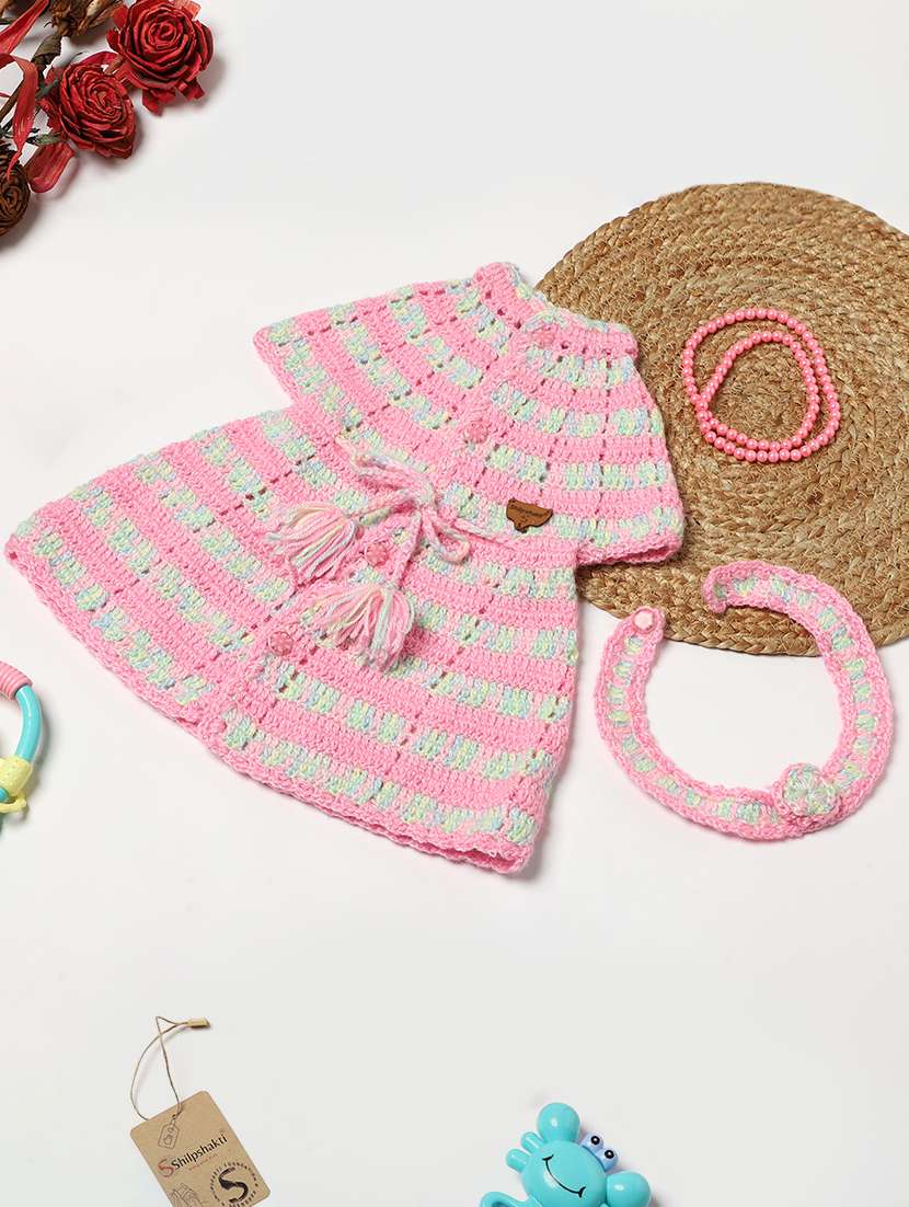 girls pink woollen button detailed frock