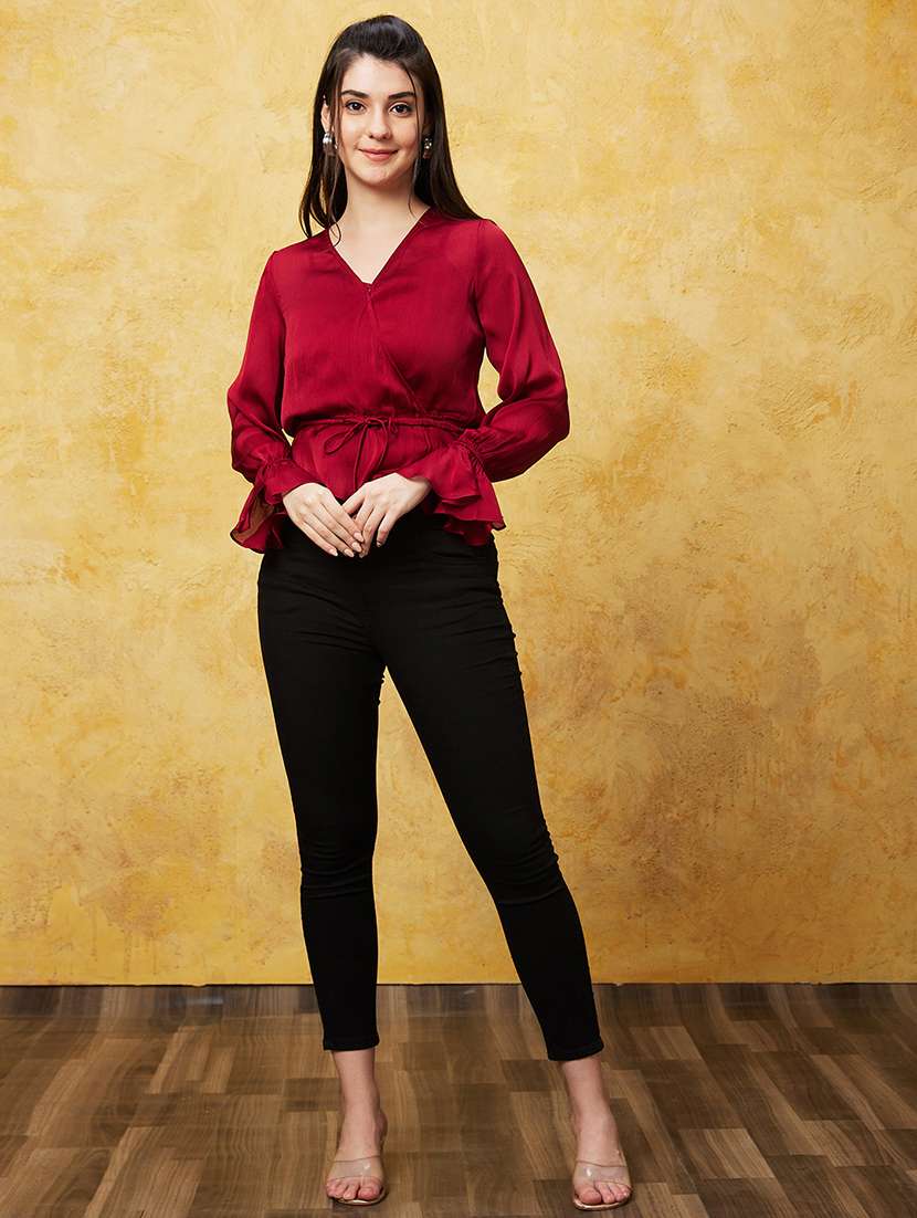 globus women red wrap neck bishop sleeves gathered waist tie-up party top - 20544770 -  Standard Image - 5