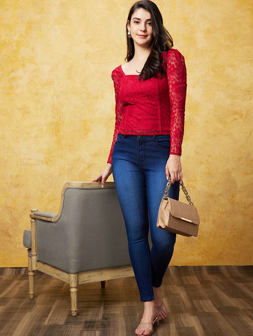 globus women red sweetheart neck puff sleeves back smocked detail panelled lace party top - 20544772 - Standard Image - 3