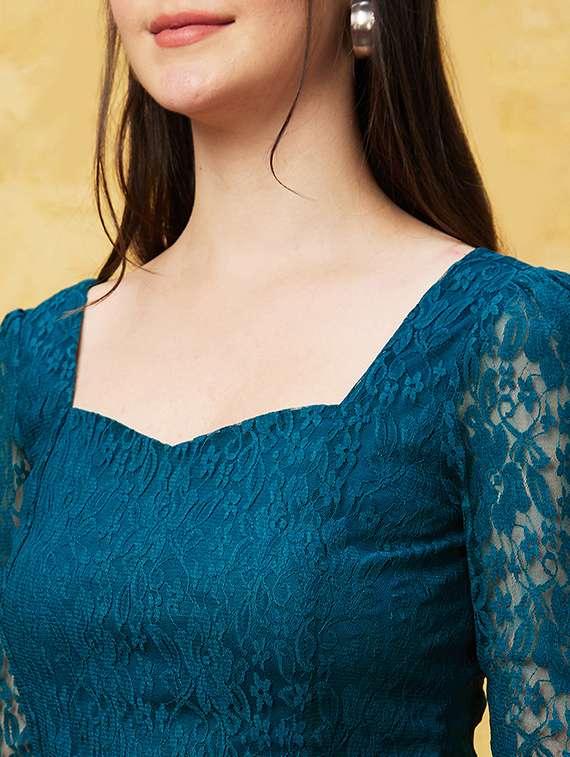globus women teal sweetheart neck puff sleeves back smocked detail panelled lace party top - 20544773 -  Standard Image - 5