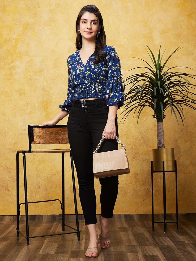 navy blue floral printed regular top - 20544774 -  Standard Image - 3