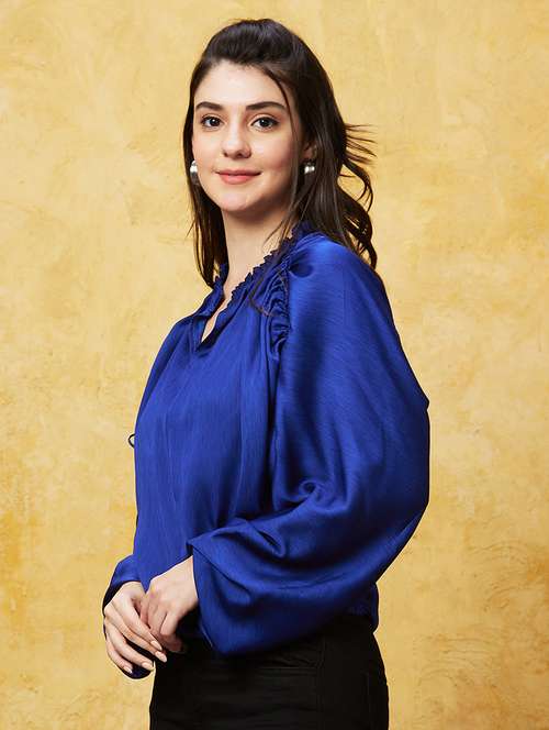 globus women blue frilled mandarin neck bishop sleeves ruched party top - 20544782 -  Standard Image - 0