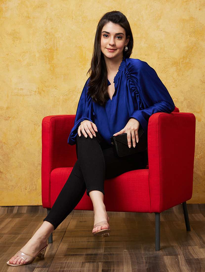 globus women blue frilled mandarin neck bishop sleeves ruched party top - 20544782 -  Standard Image - 3