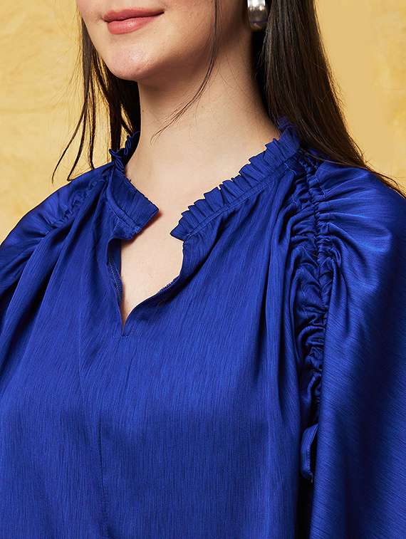 globus women blue frilled mandarin neck bishop sleeves ruched party top - 20544782 -  Standard Image - 5