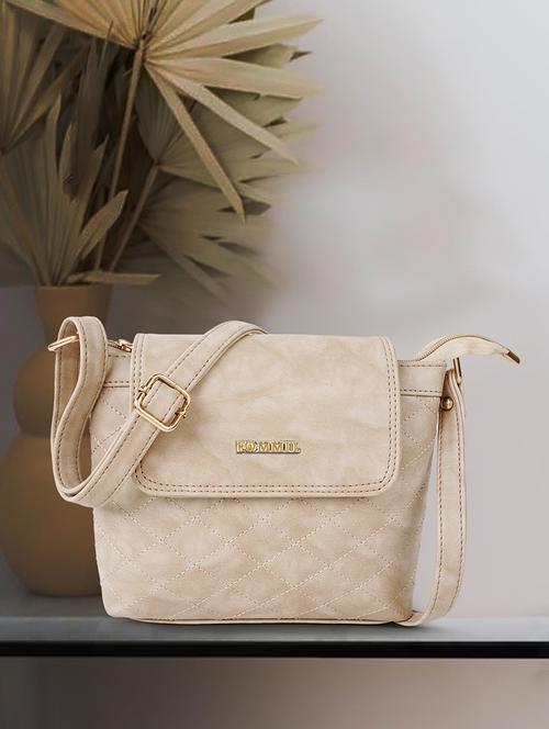 women cream leatherette flap detailed sling bag - 20546294 -  Standard Image - 0