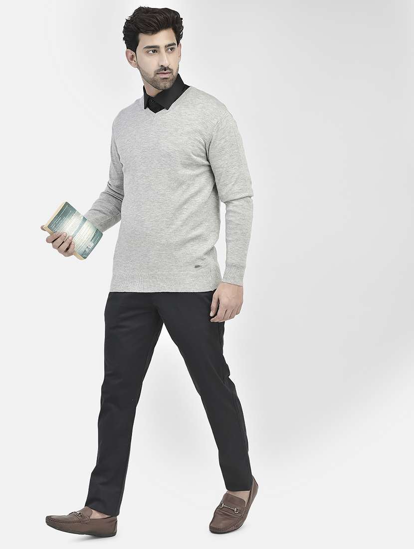 men solid grey v-neck pullover - 20546959 - Standard Image - 3