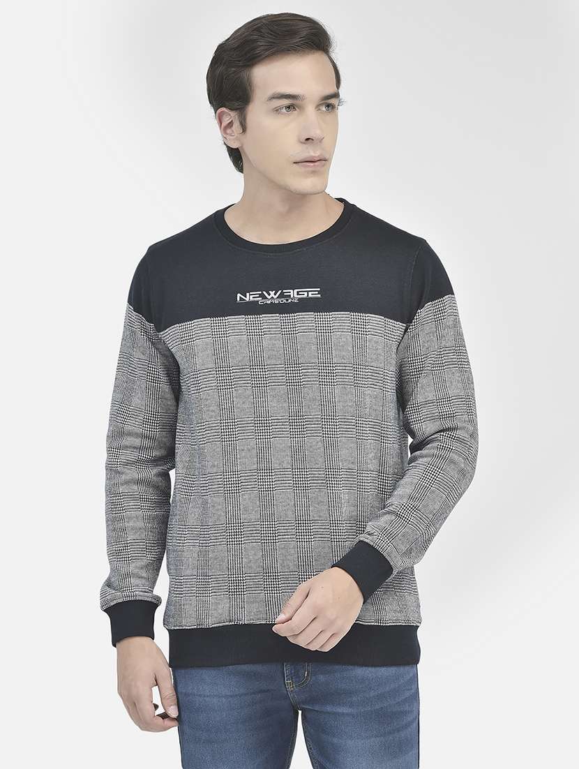 men checkered navy blue cotton blend regular sweatshirt