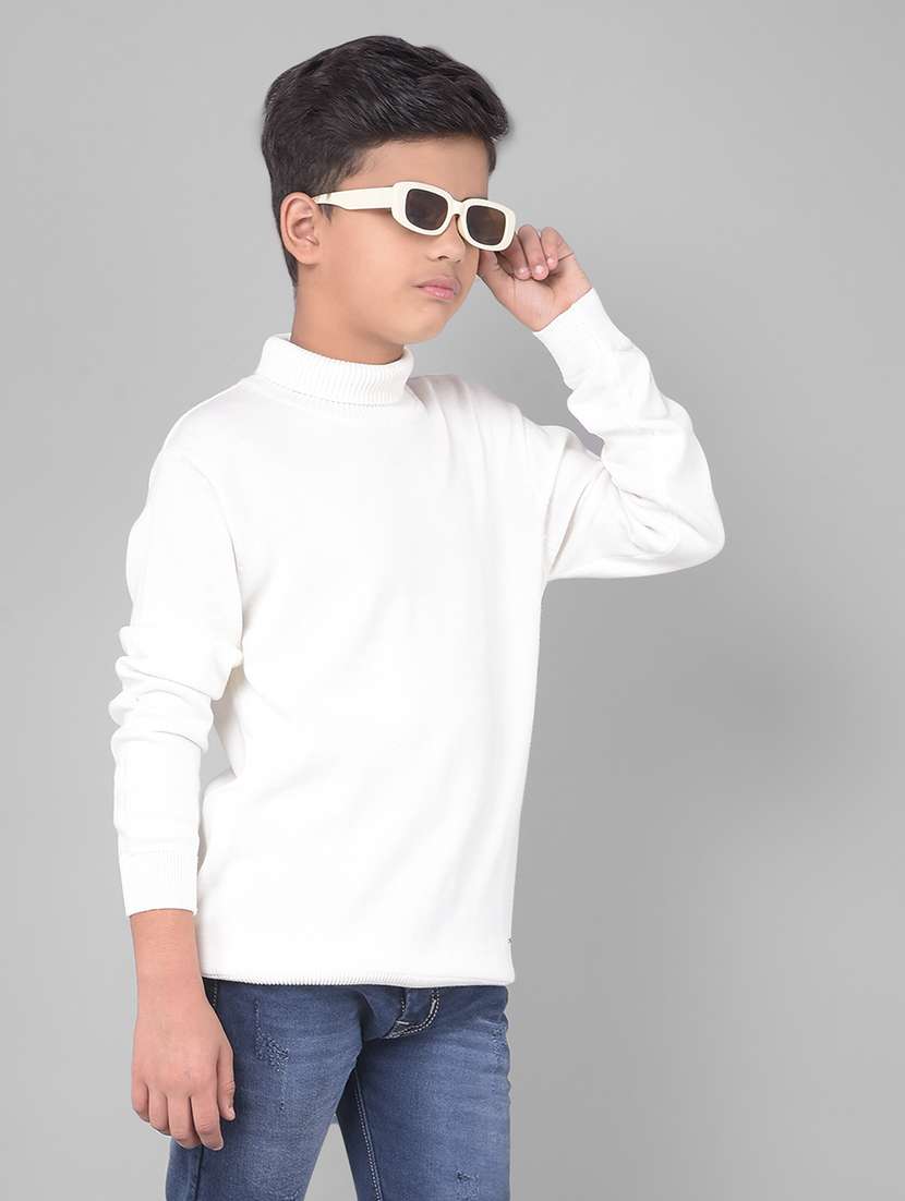 boys high neck white solid sweater