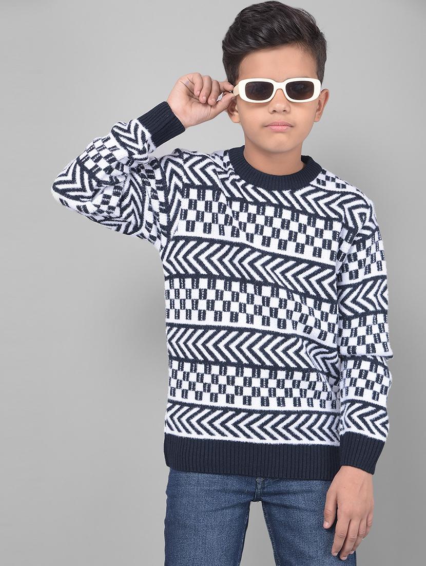 boys navy blue round neck printed sweater