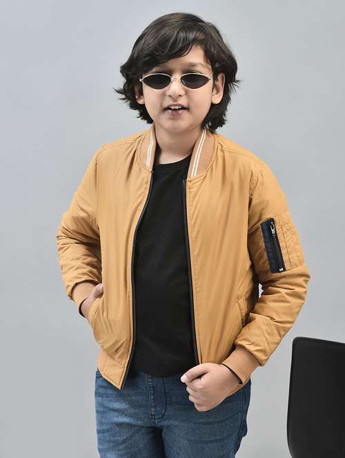 boys mustard solid full sleeve bomber jacket - 20547192 -  Standard Image - 0