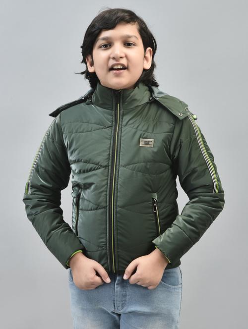 boys green solid full sleeve hooded puffer jacket - 20547195 - Standard Image - 0