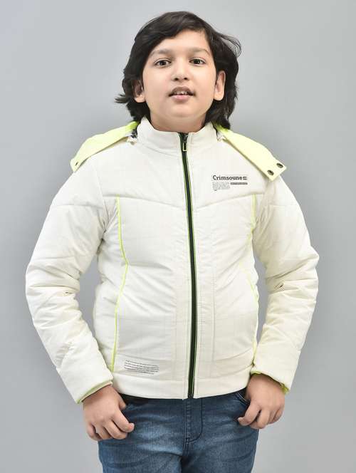 boys yellow check printed full sleeve hooded puffer jacket - 20547196 - Standard Image - 0