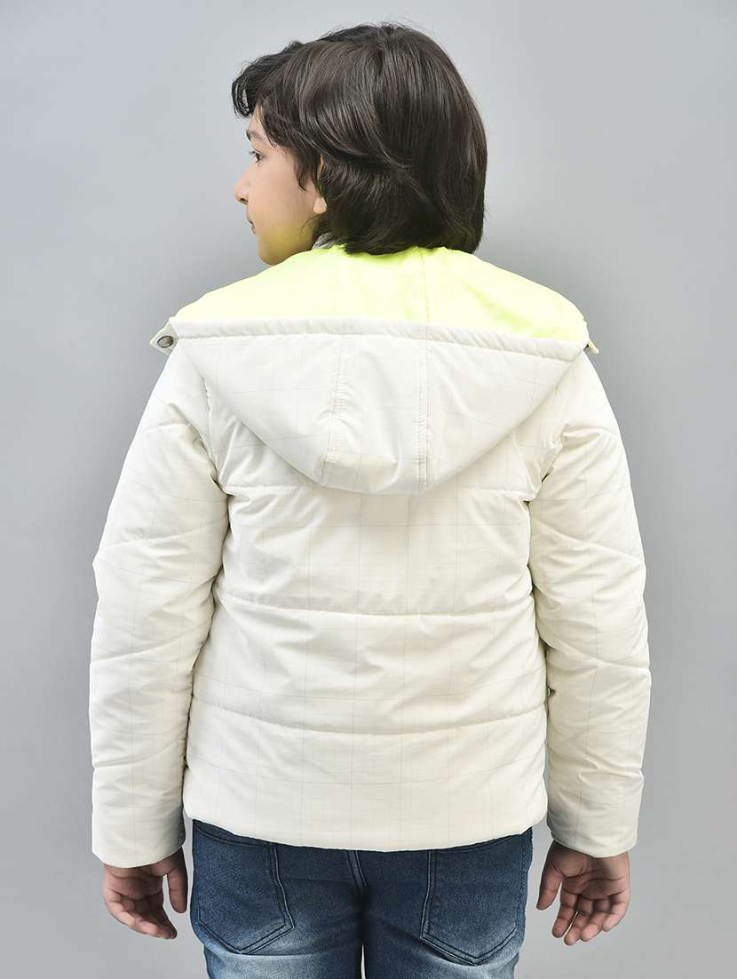 boys yellow check printed full sleeve hooded puffer jacket - 20547196 - Standard Image - 3