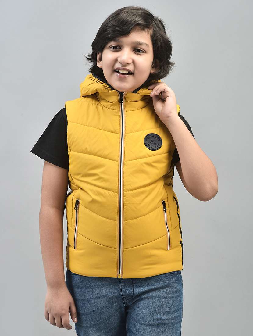 boys mustard solid sleeveless hooded quilted jacket - 20547197 -  Zoom Image - 0