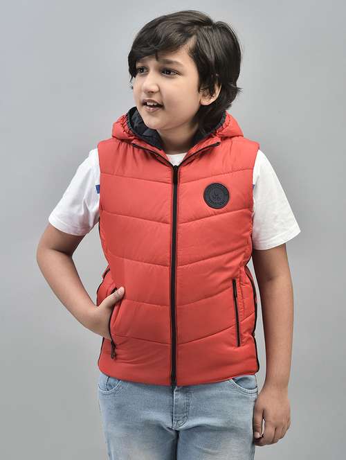 boys red solid sleeveless hooded quilted jacket - 20547198 -  Standard Image - 0
