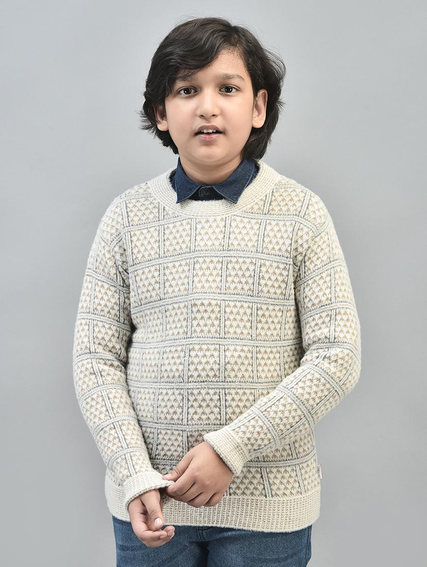 boys beige check printed full sleeve sweater