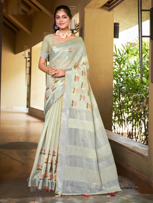 women's solid with work cream colored saree with blouse - 20547527 - Standard Image - 0