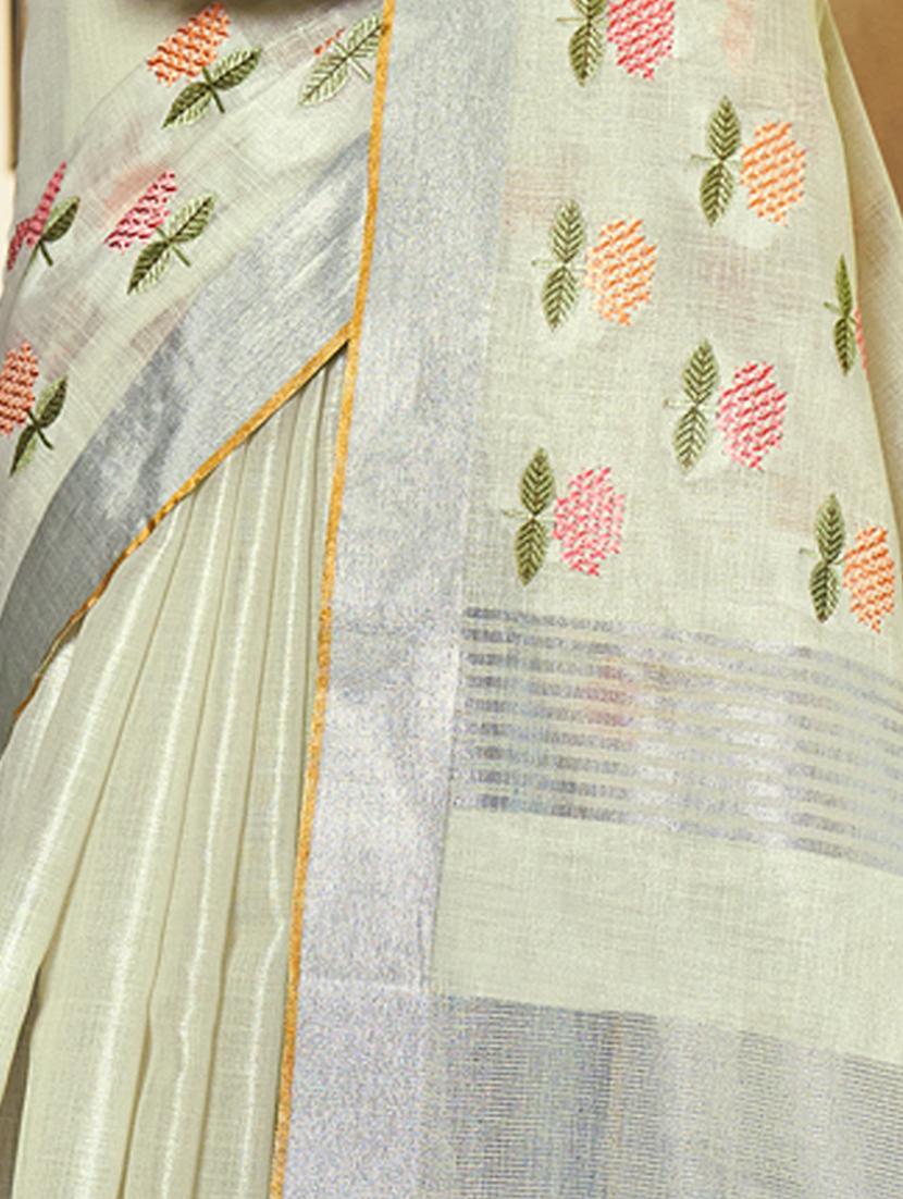 women's solid with work cream colored saree with blouse - 20547527 - Standard Image - 3