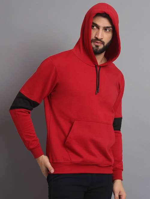men color block red fleece hooded sweatshirt - 20550235 -  Standard Image - 0