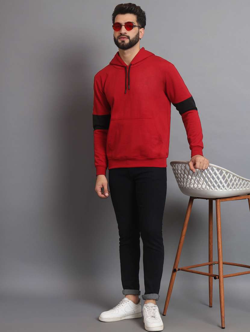 men color block red fleece hooded sweatshirt - 20550235 - Standard Image - 3