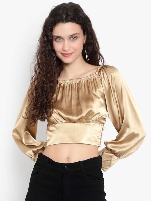 women solid smocked detailed crop top - 20550746 -  Standard Image - 0