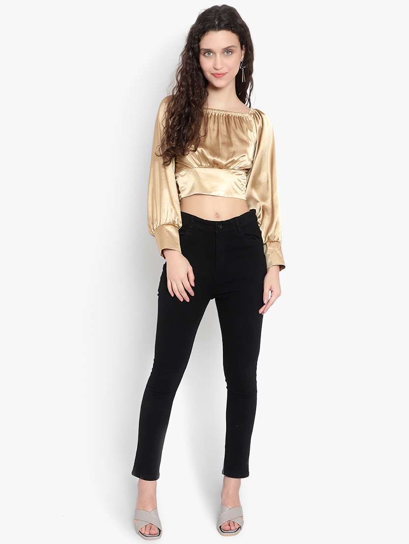 women solid smocked detailed crop top - 20550746 - Standard Image - 3