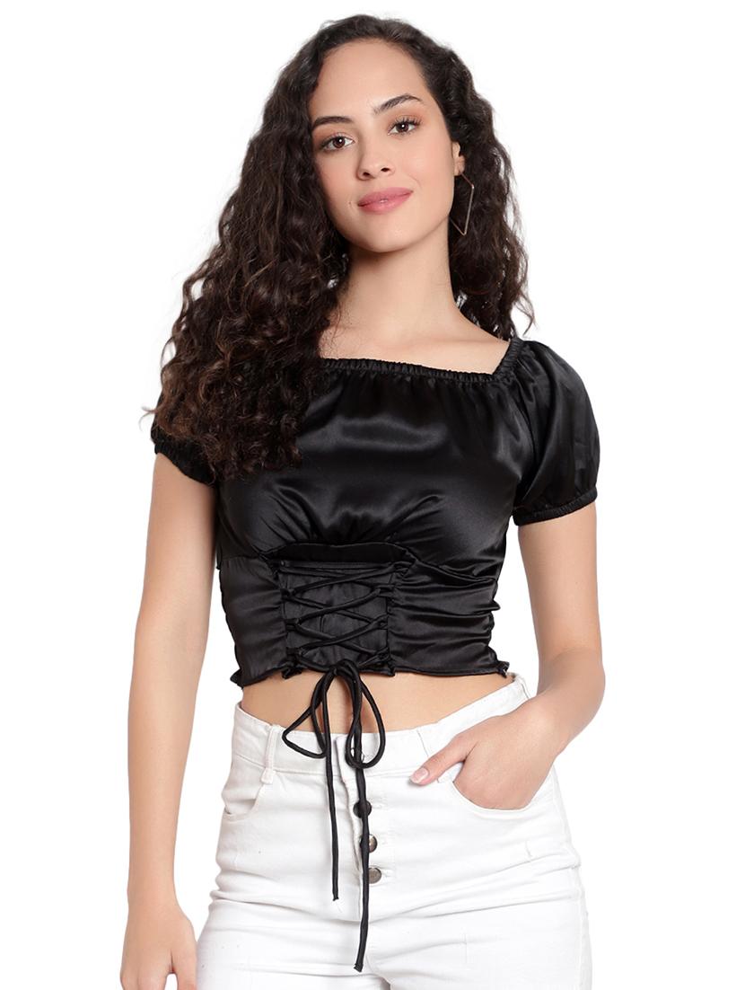 women solid smocked detailed crop top - 20550753 -  Zoom Image - 0