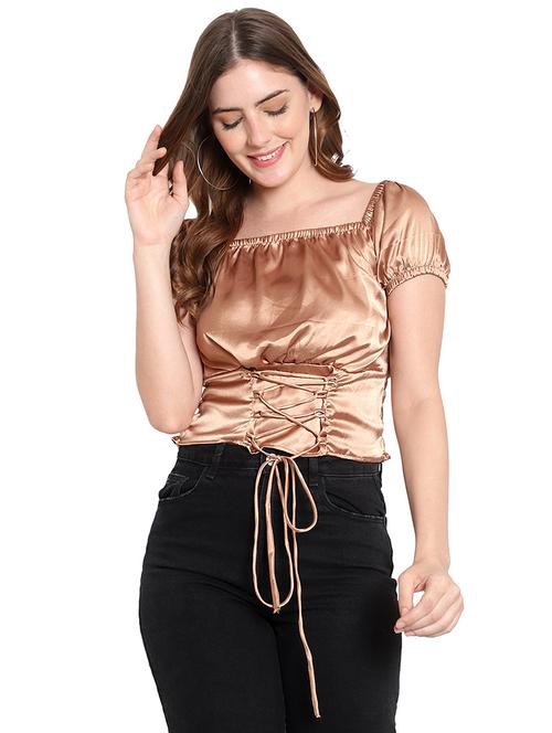 women solid smocked detailed crop top - 20550789 - Standard Image - 0