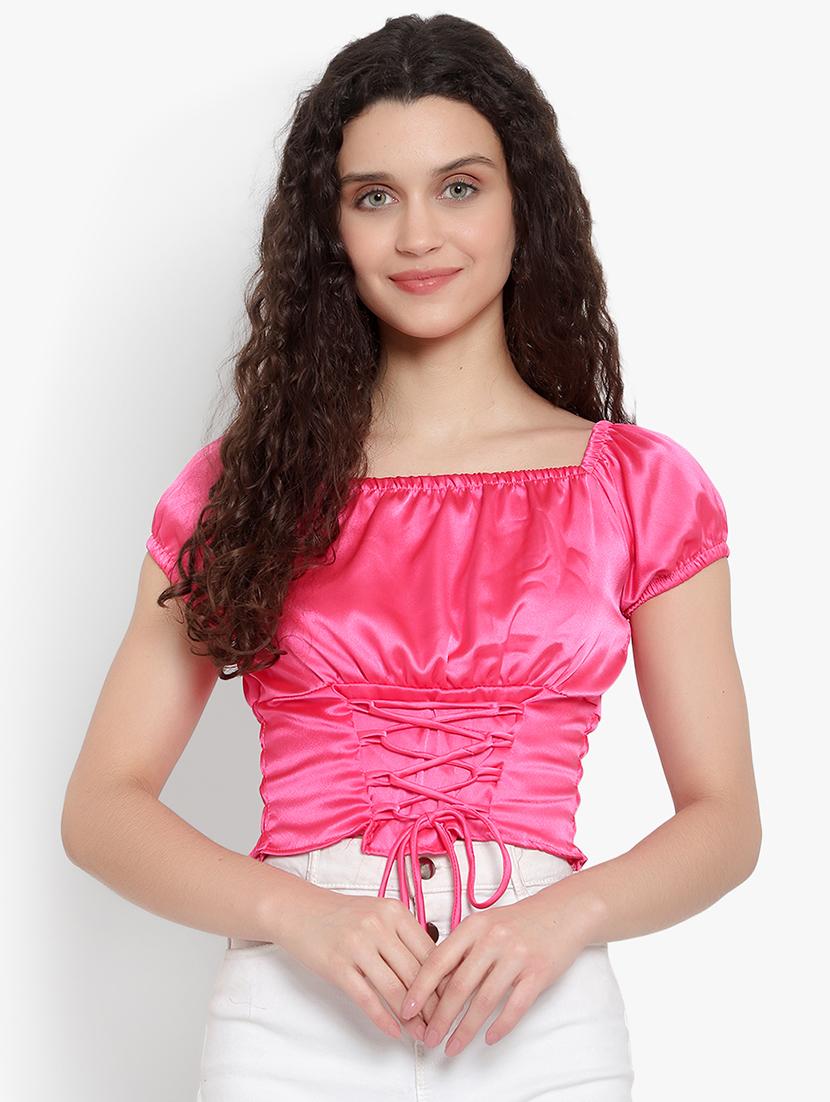 women solid smocked detailed crop top - 20550807 -  Zoom Image - 0