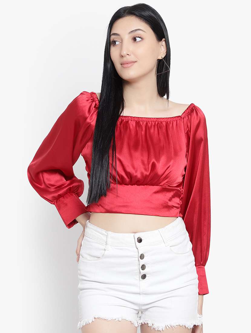 women solid smocked detailed crop top - 20550841 - Zoom Image - 0