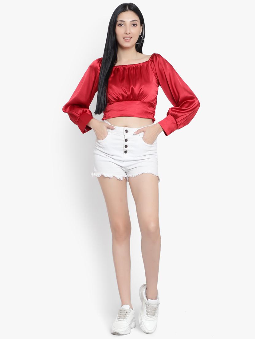 women solid smocked detailed crop top - 20550841 - Standard Image - 3