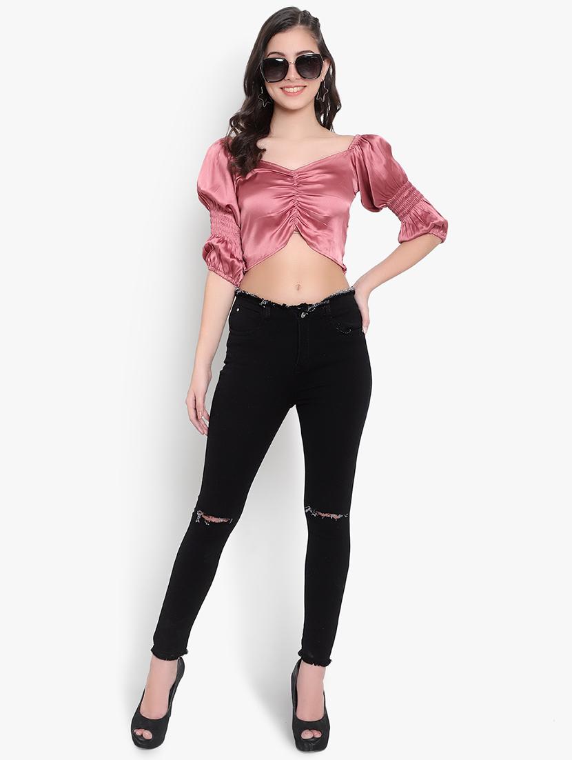 women solid smocked detailed crop top - 20550893 - Standard Image - 3