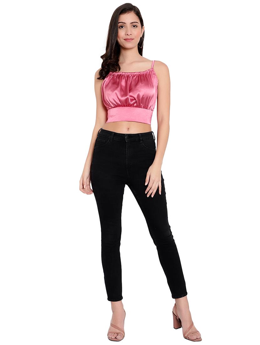 women solid smocked detailed crop top - 20550952 - Standard Image - 3