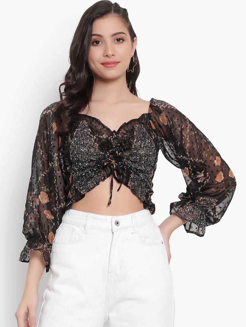 women printed smocked crop top - 20550981 -  Zoom Image - 0